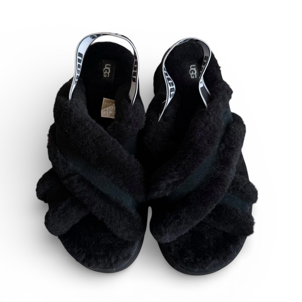 UGG Disco Cross Slide Sandal Shearling Fur Open Toe Shoes Black Women's Size 10